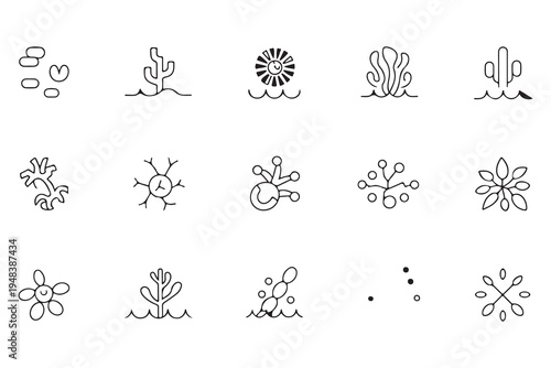 Marine Life and Microscopic Organism Icon Set - Coral and Seaweed Line Art