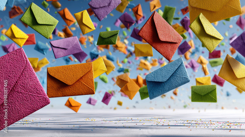 Colorful Winged Envelopes Flying Formation Overhead White Background Confetti — Communication Joy Celebration