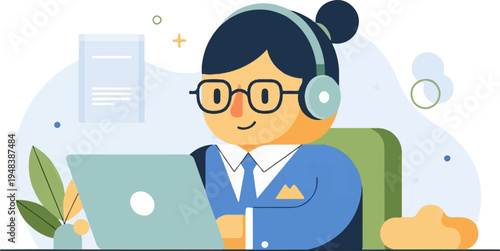 Cheerful person in headphones and glasses works on a laptop at a desk