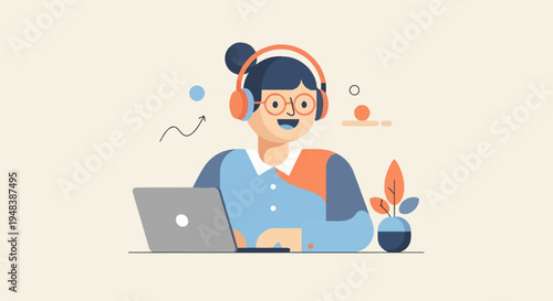 Cheerful person in headphones and glasses with laptop and plant