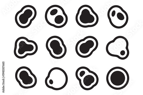 Set of organic blob shapes with internal circles, representing amoebas or biological cells in a minimalist style