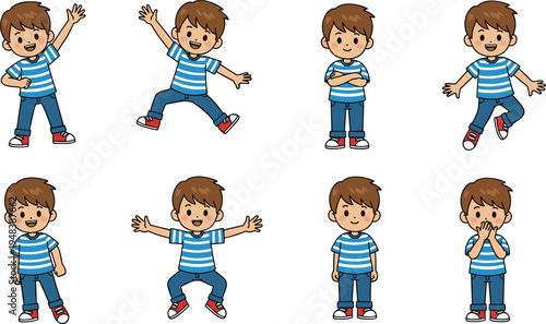 Cartoon set of little boy character in blue striped shirt showing various poses emotions and gestures for mascot and animation