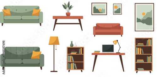 Cozy living room interior with furniture, plants, books, and art