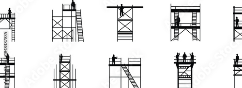 Construction scaffolding worker silhouettes on ladders and platforms, building repair and maintenance structures, industrial scaffold system, isolated vector illustration set