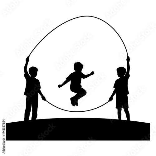 black silhouette of kids playing jump rope