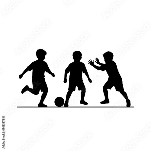 silhouette of children playing soccer on white background