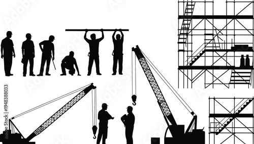 Construction worker and crane silhouettes set, builders lifting beams, scaffolding structure, industrial construction site equipment, contractor labor team, black silhouette vector illustration