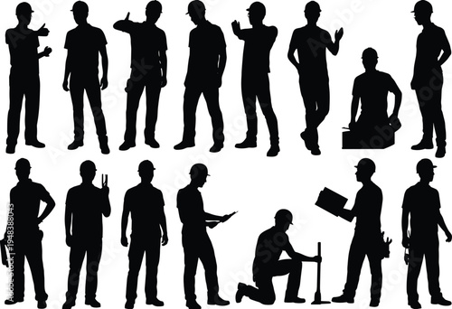 Construction worker silhouette set with different poses and tools, builder and engineer team, industrial labor profession concept, isolated vector illustration