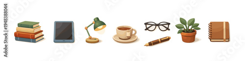 Cozy study essentials with books, tablet, lamp, coffee, glasses, plant, and notebook