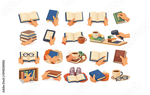 Collection of hand-held books and reading accessories in various settings