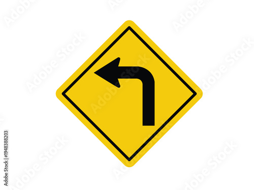 Free Download Yellow Turn Left Traffic Sign, Road Direction Indicator, A yellow diamond-shaped traffic sign with a black border, indicating a left turn, sign guides drivers and warns of a change in road direction - GFXLoad