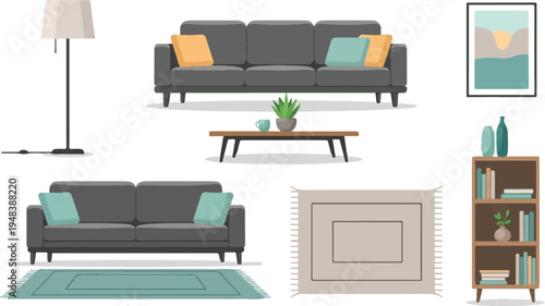 Cozy living room scene with furniture, decor, and artwork
