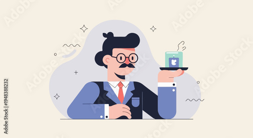 Dapper gentleman in suit presents lit candle on a tray