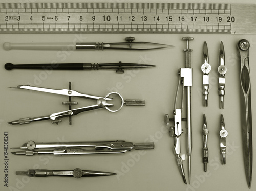 Vintage Professional Technical Drawing and Drafting Tool Set with Ruler on White Background