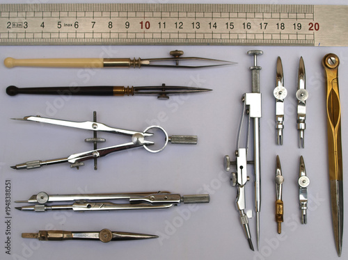 Vintage Professional Technical Drawing and Drafting Tool Set with Ruler on White Background