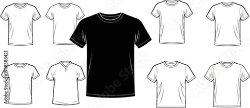 Collection of t-shirt designs, including a black one and several white outlines