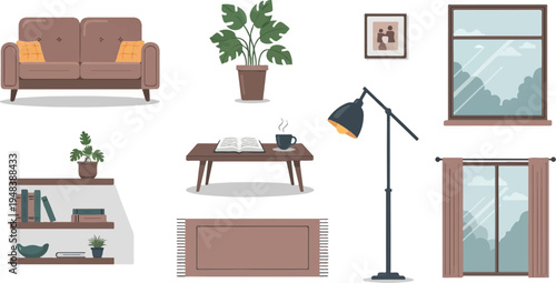 Cozy living room scene with sofa, plants, book, coffee, lamp, and windows
