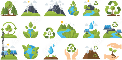Vector Illustration of Environmental Sustainability with Trees, Solar Panels, Water, Wind Energy, Recycling, and Eco-friendly Practices