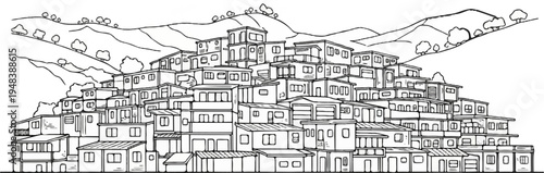 Dense housing clusters climb hilly terrain in this sketched cityscape