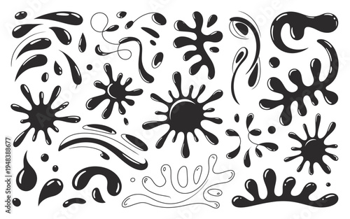 Collection of various abstract black ink splatters and drops on white background
