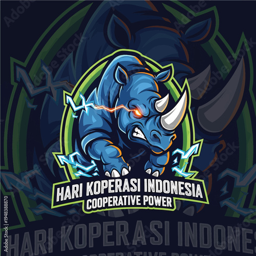 Blue rhinoceros mascot with lightning and bold banner