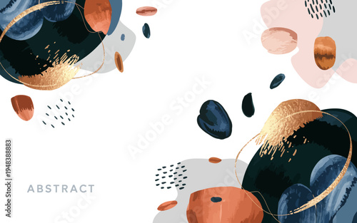Abstract composition with colorful geometric shapes and golden accents on white background