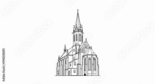 Detailed black and white line drawing of a gothic cathedral with a tall spire