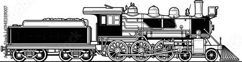 Detailed ink drawing of a vintage steam locomotive and tender filled with coal