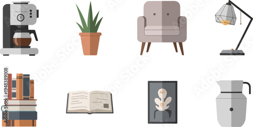 Collection of interior decor and household items on a white background