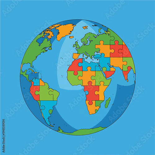 Globe with colorful puzzle pieces representing world continents