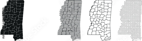 Mississippi state map vector set with solid silhouette, striped, county division, and halftone styles isolated on light background for geography and infographic design