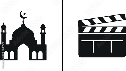 Mosque silhouette and movie clapperboard icon vector set isolated on light background for Islamic architecture, cinema production, and entertainment design