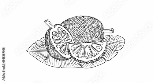 Detailed line art illustration of a whole and sliced tropical fruit on large leaves