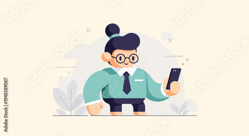 Chubby character in suit holding a smartphone, with minimal abstract shapes