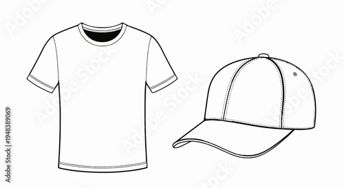 Detailed line art of a plain t-shirt and a baseball cap