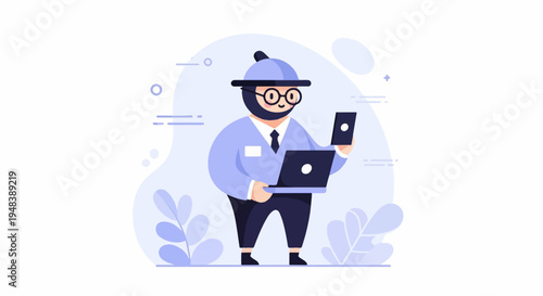 Chubby figure in light blue attire with hat, glasses, laptop, and phone
