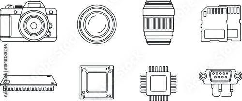 Photography and digital camera technology line icons set including DSLR camera lens processor memory card sensor and electronic hardware outline vector