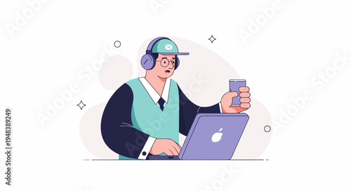 Concentrated person in headphones using laptop and holding phone