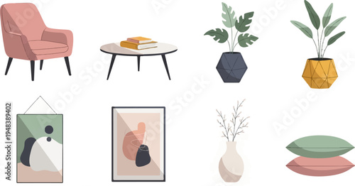 Cozy room elements armchair, table, plants, art, vase, and pillows
