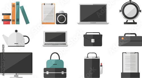 Collection of office and home objects, including electronics, books, bags, and kitchenware
