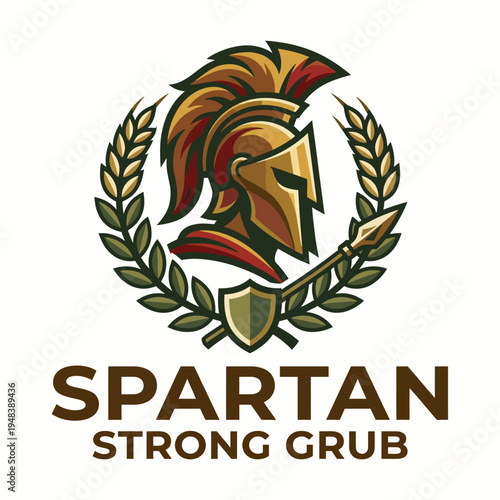 This logo features a Spartan warrior’s helmet surrounded by laurel, representing strength, courage, and resilience, ideal for brands promoting fitness or lifestyle products.