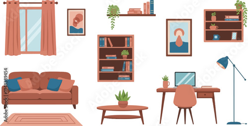 Cozy room interior with sofa, desk, bookshelves, and window