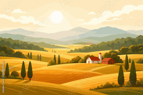 Golden sunrise over rolling hills and farmhouse in idyllic countryside landscape