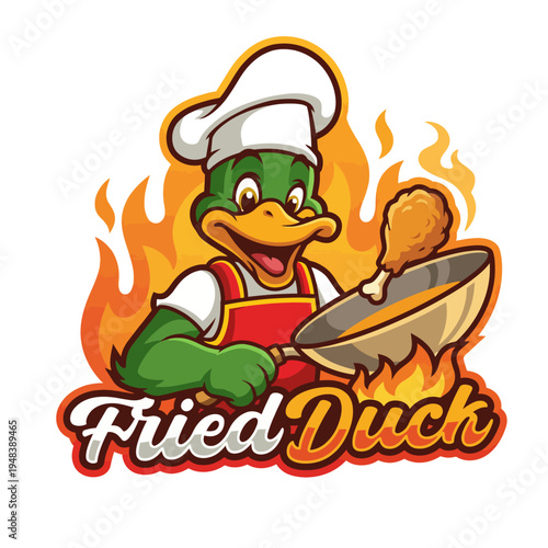 A lively and fun logo featuring a duck chef cooking fried food, embodying a sense of warmth, deliciousness, and the joy of culinary experiences.