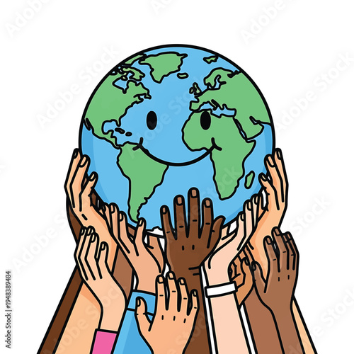 Earth surrounded by diverse hands lifting globe in unity