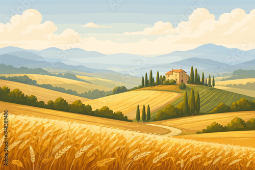 Picturesque tuscan countryside with rolling hills and farmhouse