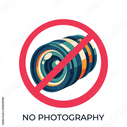 An eye-catching graphic showing a prohibited camera lens to enforce no photography rules, emphasizing privacy and security in certain environments or events.