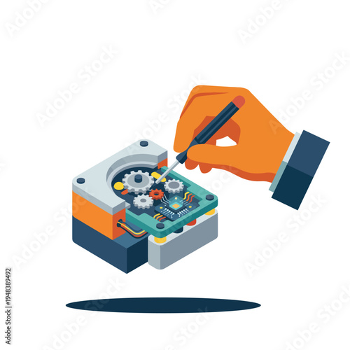 A creative depiction of a hand fine-tuning a circuit board with gears, symbolizing technology, innovation, and engineering in the modern digital world.