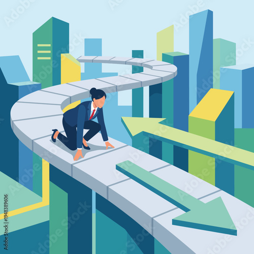 A professional woman is starting her journey on a winding path above a stylized cityscape, symbolizing ambition, growth, and the journey toward success in one’s career.