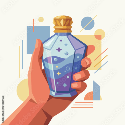 A colorful illustration of a hand holding a sparkling potion bottle, representing magic, healing, and the allure of fantasy in an artistic and abstract style.